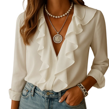 Load image into Gallery viewer, Women’s Long Sleeve Butterfly Pattern Blouse with Ruffle Detail
