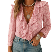 Load image into Gallery viewer, Women’s Long Sleeve Butterfly Pattern Blouse with Ruffle Detail

